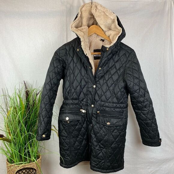 DKNY Black Quilted Sherpa Zip Up Hooded Midi Jacket Coat L